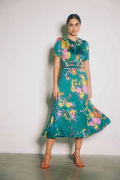 Brooklyn Floral Midi Dress Spring Green Midi Dress With Pleated Waist, Green Midi Dress With Pleated Waist For Spring, Green Pleated Hem Dress For Spring, Green Spring Dress With Pleated Hem, Spring Green Dresses With Pleated Hem, Green Midi Dress With Pleated Waist And Short Sleeve, Green Knee-length Pleated Dress For Spring, Green Ruched Short Sleeve Dress, Simply Dress