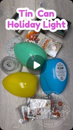 several different colored balloons on a wooden floor with text overlay that reads tin can holiday light