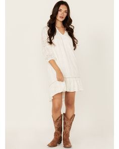 Model is 5'8" wearing a size small 100% rayon Long Sleeve Mini Dress With Cowboy Boots, Cream Bohemian Mini Dress With Ruffles, Spring Long Sleeve Mini Dress With Paisley Print, Womens Ariat Boots, Dan Post Boots Woman, Shyanne Boots, Kids Cowboy Hats, Bohemian Mini Dress With 3/4 Sleeves, Justin Boots Men