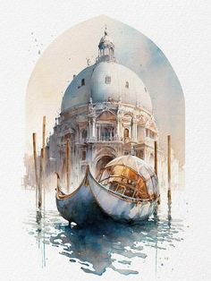 a watercolor painting of a gondola in front of a building with a dome