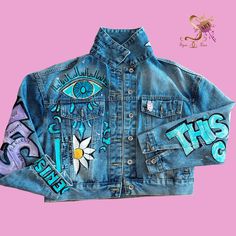 Custom Unique Hand-painted Denim Jacket,pink Panther, Daisies, Jungle, Evil Eyes - Etsy Spring Artistic Denim Jacket With Custom Artwork, Artistic Denim Jacket With Custom Artwork For Spring, Spring Hand Painted Denim Jacket, Blue Denim Jacket With Custom Artwork For Spring, Trendy Cotton Denim Jacket With Custom Artwork, Hand Painted Blue Denim Jacket For Spring, Spring Hand Painted Blue Denim Jacket, Artistic Blue Denim Jacket For Spring, Spring Denim Jacket With Custom Artwork