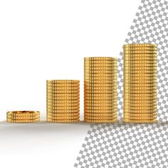 three stacks of gold coins next to each other on a checkered background with an arrow pointing up