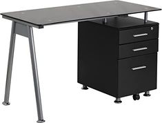 an office desk with two drawers on each side