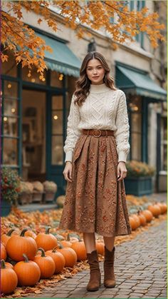 #fashion winter outfit cold style Pleated Skirt Autumn Outfit, Midi Flowy Skirt Outfit, Village Style Clothes, Sweater With Flowy Skirt, Conservative Fall Outfits, Floral Fall Outfit, Maxi Skirt Outfit Autumn, Sweater Over Dress Outfit Autumn, Canada Fall Outfits