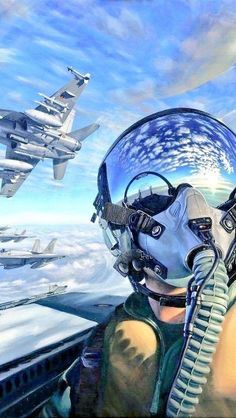 a painting of an air force pilot looking out the window at fighter jets flying overhead