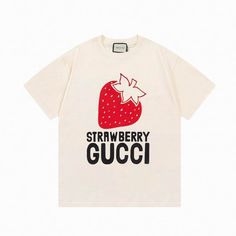 Gucci Letters Strawberry Print Basic Cotton T Shirt   IvoryGucci Letters Strawberry Print Basic Cotton T Shirt   Ivory   This model reduces inventory waste and allows customers to create personalized designs. These t-shirts are made from high-quality materials and come in a range of sizes and colors, making them versatile for any occasion. Gucci Strawberry, Strawberry Graphic, Outfit Png, Strawberry Print, Dr Closet, Quality T Shirts, Play Time, Letter Prints, Cotton T Shirt