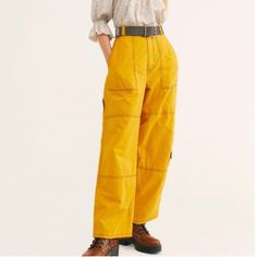 Nwt Free People Calendula Wide Leg Trousers Pants The Size 2 Has An Area With Loose Threads Wide-leg Parachute Pants With Pockets, Spring Workwear Cargo Bottoms, Spring Cargo Style Bottoms For Work, Spring Work Pants With Patch Pockets, Yellow High Waist Cotton Wide Leg Pants, Yellow Wide-leg Workwear Bottoms, Spring Utility Parachute Pants For Workwear, Yellow Wide-leg Workwear Pants, Yellow Wide-leg Pants For Work