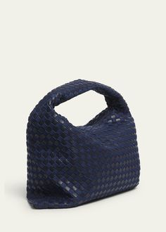 "Find BOTTEGA VENETA Large Hop Denim Hobo Bag on Editorialist. Bottega Veneta \"Hop\" hobo bag in denim intrecciato cotton and leather Shoulder strap Fold-over flap top with Interior, one zip pocket Approx. 9.4\"H x 21.2\"W x 5.1\"D Made in Italy" Denim Hobo Bag, Indigo Bag, Large Hobo Bag, Bottega Veneta Shoulder Bag, Leather Hobo Bag, Leather Hobo, Pink Bag, Hobo Bag, Bottega Veneta