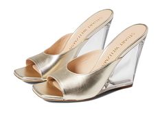 Stuart Weitzman Tia 100 Lucite Wedge - Women's Shoes : Platino : Keep it simple and elegant wearing the Stuart Weitzman Tia 100 Lucite Wedge heels. Textile upper. Slip-on style. Wedge heels. Square toe design. Signature brand detailing on the insole. Leather outsole. Imported. Measurements: Heel Height: 4 in Weight: 10 oz Product measurements were taken using size 9, width B. Please note that measurements may vary by size. Weight of footwear is based on a single item, not a pair. Fab Shoes, Keep It Simple, Toe Designs, Stuart Weitzman, Wedge Heels, Victoria Secret, Heeled Mules, Mule Shoe, Women's Shoes