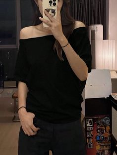 Women's Solid Color Off-Shoulder Short Sleeve Casual T-Shirt For Summer Black Casual  Short Sleeve Knitted Fabric Plain  Medium Stretch  Women Clothing, size features are:Bust: ,Length: ,Sleeve Length: Off Shoulder T Shirt, Sports Jackets Women, T Shirt Aesthetic, Dream Aesthetic, Fit Ideas, Summer Black, Womens Tights, Casual T Shirt, Sleeves (women)