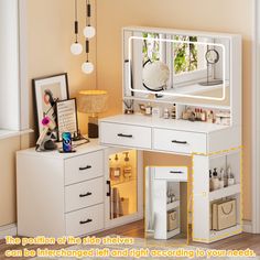 there is a white vanity with drawers and a mirror on the wall next to it