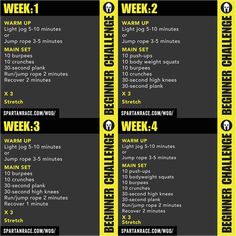 the workout plan for beginners is shown in yellow and black, with instructions on each side