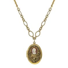 Gold Tone Carnelian Cameo with Flowers Oval Locket Necklace 16 Adj.