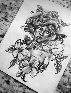 a pencil drawing of a woman with flowers on her stomach and an instrument in her mouth