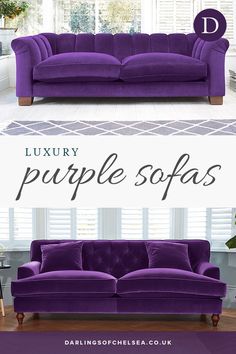 purple sofas with the text luxury purple sofas on top and bottom in front