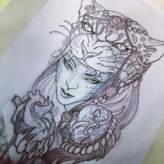 a drawing of a woman with a cat's head on her shoulder and an ornate tattoo design