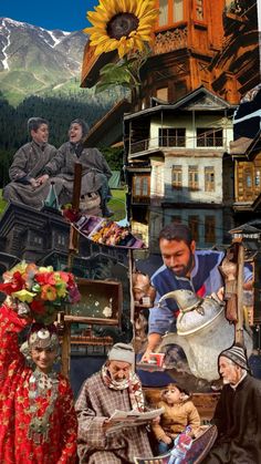 a collage of people and houses with sunflowers on the roof, mountains in the background