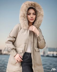 Zlily - Long Down Jacket for Winter - White Duck Down Feather Coat Beige Winter Parka For Cold Weather, Winter White Long Coat, Spring Fur Coat For Cold Weather With Pockets, Hooded Beige Fur Coat For Winter, Cold Weather Spring Fur Coat With Pockets, Fur Coat With Pockets For Cold Weather In Spring, Winter White Parka With Pockets, Winter White Long Sleeve Parka With Pockets, Beige Long Sleeve Parka For Winter