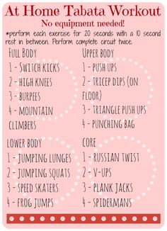 the at home tabata workout plan for beginners is shown in pink and white