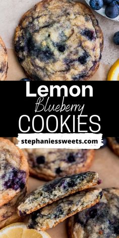 lemon blueberry cookies are stacked on top of each other