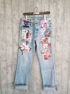 "Ready to send:Size-32,31,33,34 unique vintage jeans One of a kind.. Hand made embroidery and unique patches. ---Or---- Made to order, in any size, within 7 working days . If you need different size, please send me a message and I will make you a special and unique design within 7 working days. They are all different! No one will have the same one as you have! Hand painted, one of kind jeans. You pick your size, model (slim- boyfriend- high waist- low waist) and primer color and you will get you Redone Jeans, Patched Denim Jeans, Reworked Clothing, Diy Jeans, Boho Jeans, Levis Vintage, Reworked Vintage, Vintage Clothes Women, Painted Jeans