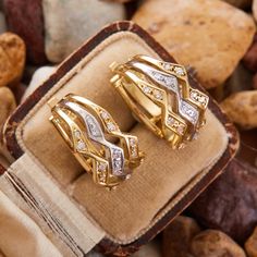 These gorgeous clip on huggie earrings are crafted of 18k two tone gold and feature 36 round single cut diamonds. Floral Wedding Bands, Diamond Huggie Earrings, Gold Clips, Huggie Earrings, Huggies Earrings, Modern Jewelry, Estate Jewelry, Clip On, Antique Jewelry