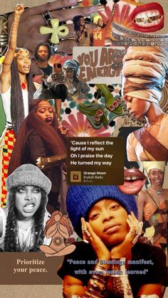 the collage has many different pictures and words on it, including an image of a woman's face