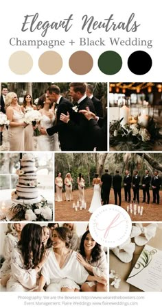 a collage of wedding photos with the words elegant neutrals champagne + black wedding