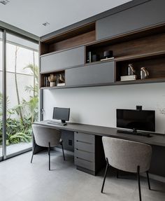 a desk with two chairs and a computer on it in front of a large window