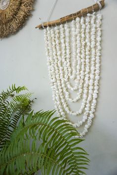 white shells boho decor hanging on the wall next to some plants and a potted plant