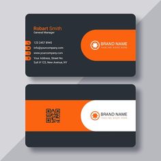 an orange and black business card with the name brand name on it, is shown