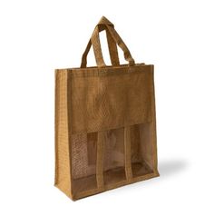 a brown shopping bag with two handles and no handles on the front, sitting against a white background