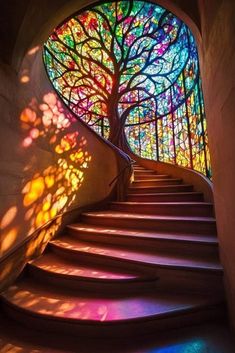 the stairs lead up to a colorful stained glass window