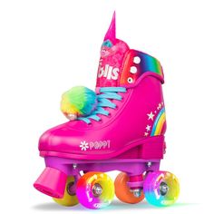 the roller skate is pink and has colorful wheels