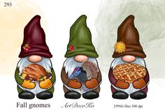 three gnomes with different foods in their hands