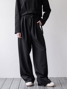 Composition : 80% polyester, 16% cotton, 4% rayonColor : blackCountry of Origin : China Casual Wide-leg Pants With Belted Cuffs, Black Belted Wide Leg Bottoms, Black Belted Wide-leg Pants, Black Belted High-waisted Pants, Chic Black Belted Wide Leg Pants, High Waist Black Belted Bottoms, Black Wide Leg Pants With Belt Detail, Belted Ankle-length Wide Leg Pants For Fall, Belted Wide Leg Cotton Pants