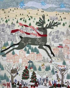 a quilted christmas scene with reindeer and trees