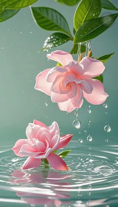 two pink flowers are floating in the water