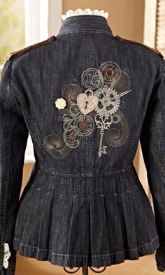 Fall Punk Denim Jacket With Pockets, Denim Steampunk, Embroidered Jacket Diy, Steampunk Embroidery Patterns, Steampunk Embroidery, Upcycled Denim Coats & Jackets, Steampunk Coats & Jackets, Victorian Steampunk Coats & Jackets, Urban Tribes