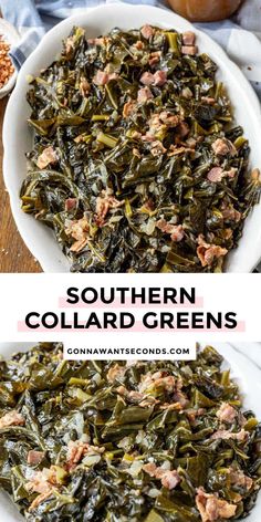 southern collard greens in a white bowl on a wooden table