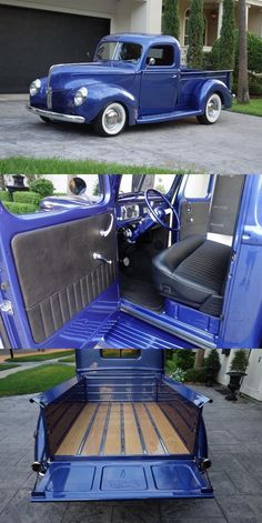 an old blue pickup truck parked in front of a house with its door open and the interior