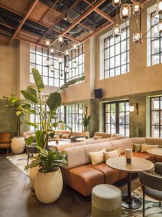 a large living room filled with lots of furniture and plants on top of it's tables