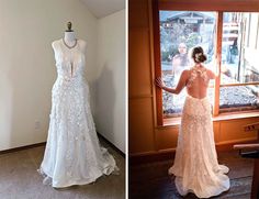 the back of a wedding dress is shown next to a mannequin in front of a window