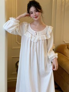 French Nightgown for Women Autumn Princess Cotton Sleepwear Long Sleeve Loose Home Clothes Victorian White Long Sleeve Nightgown For Sleep, Long Sleeve White Nightgown For Sleep, White Long Sleeve Sleep Chemise, White Long Sleeve Nightgown For Pajama Party, White Long Sleeve Nightgown For Daywear, Long Sleeve Lace Trim Sleepwear For Sleepovers, Long Sleeve Lace Trim Sleepwear, White Long Sleeve Dress For Home, White Long Sleeve Home Dress