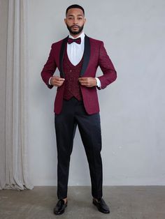 PLEASE READ BEFORE ORDERING This look is smoother than sequins with its glitter finish.  Talk about wanting to be the star of the occasion, or even just a little bling bling.  Men's  Modern Sequin Tuxedo Set (3-Pieces) consists of a high quality jacket, a double breasted vest, bowtie and pants.  Modern Sequin Tuxedo Set Jacket offers side vents for ventilation and comfort. Modern Sequin Tuxedo Set is European Cut which makes it really slim, so please keep allowances in mind. Whatever the occasio Festive Party Tuxedo With Sequins, Festive Sequined Tuxedo For Party, Fitted Wedding Suits With Sequins, Wedding Tuxedo Suit With Sequins, Wedding Tuxedo With Sequins, Sequined Wedding Tuxedo, Festive Fitted Tuxedo With Sequins, Garnet Tuxedo, Elegant Burgundy Fitted Tuxedo