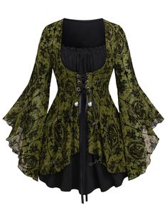 PRICES MAY VARY. Featurel--Gothic style, square neck, lace-up, costume top, long sleeves, ruffles, colorblock, flower print, two tone, buttons Matching--This gothic top can be worn not only with jeans, flares, shorts, and skirts. as everyday fashionable wear but also with hats, necklaces, boots, etc. as a vampire role-play on Halloween. Also, a Renaissance costume or carnival costume is also a good option. Occasions--This long sleeves tee is suitable for daily, halloween witch costume, Renaissan Crone Witch Fashion, Green Fairy Halloween Costume, Celtic Punk Fashion, Vampire And Vampire Hunter Costume, Gypsycore Fashion Plus Size, Sea Witch Fashion, Witch Ren Faire Costume, Cute Witch Costume For Women, Vampire Fashion Women