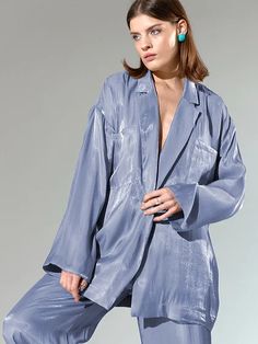 Lebadesign Bright Silk Women's Pajamas Set Turn-Down Collar Loose Robe Sets With Pants Blue Fashion Home Suit Palazzo Pants Sleepwear Suit Palazzo, Lounge Wear Set, Long Faux Fur Coat, Pajama Fashion, Satin Trousers, Silk Suit, Pants Blue, Womens Long Sleeve Shirts