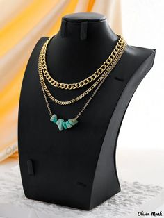 Olivia Mark - Turquoise Chunky Chain Layered Necklace with Bohemian Inspired Design Bohemian Turquoise Jewelry With Chain, Bohemian Gold Chain Necklace, Turquoise Metal Chain Necklace, Bohemian Gold Chain Jewelry, Trendy Turquoise Beaded Chain Jewelry, Chain Layered Necklace, Natural Stone Necklace, Fashion Geometric, Natural Stones Necklace