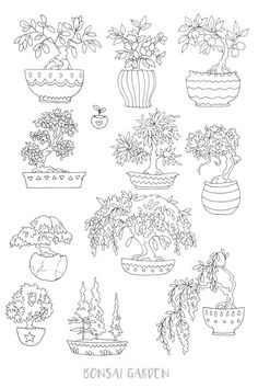 the bonsai garden coloring page is full of potted plants and trees in black ink