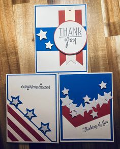 three patriotic cards with thank you written on them